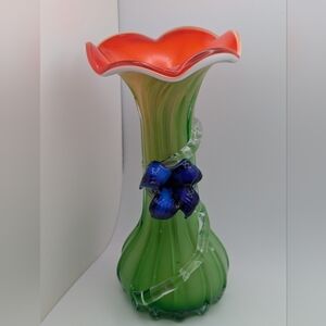 Murano Jack In The Pulpit Flower Glass Vase / Blue Green Red Blown Glass Vase